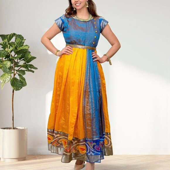 Yellow and Blue Silk Anarkali Dress | Muvvas Boutique - Picture 2 of 5